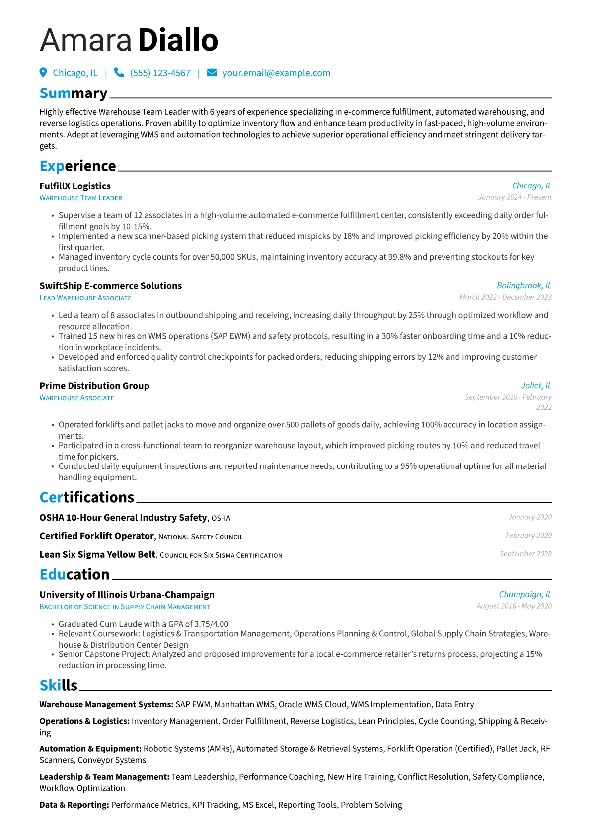 Warehouse Team Leader resume example, Warehouse Team Leader, page 1