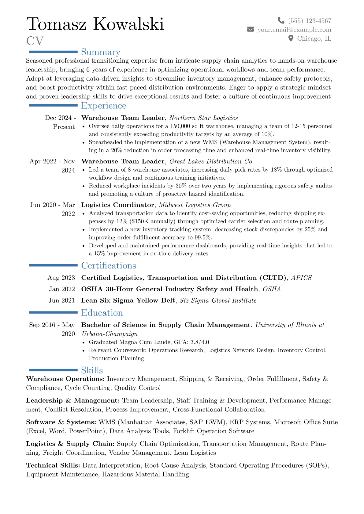 Warehouse Team Leader resume example, Career changer, page 1