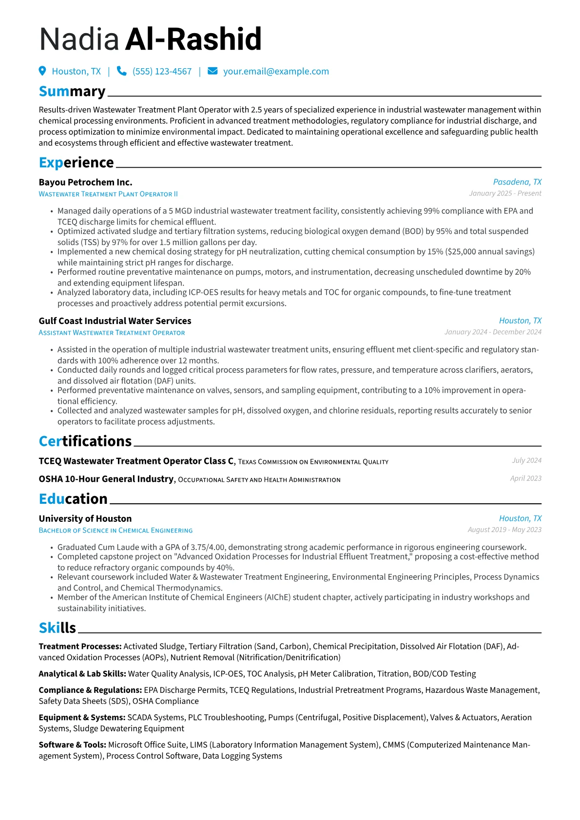 Wastewater Treatment Plant Operator resume example, Treatment Processes, page 1