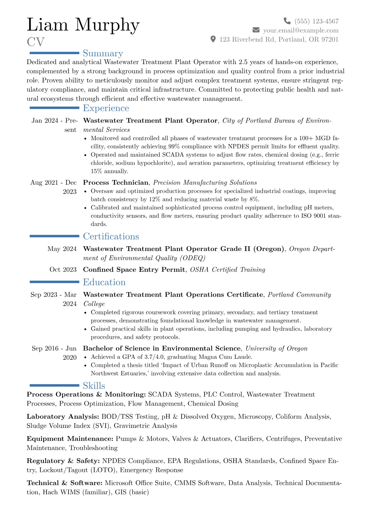 Wastewater Treatment Plant Operator resume example, Career changer, page 1
