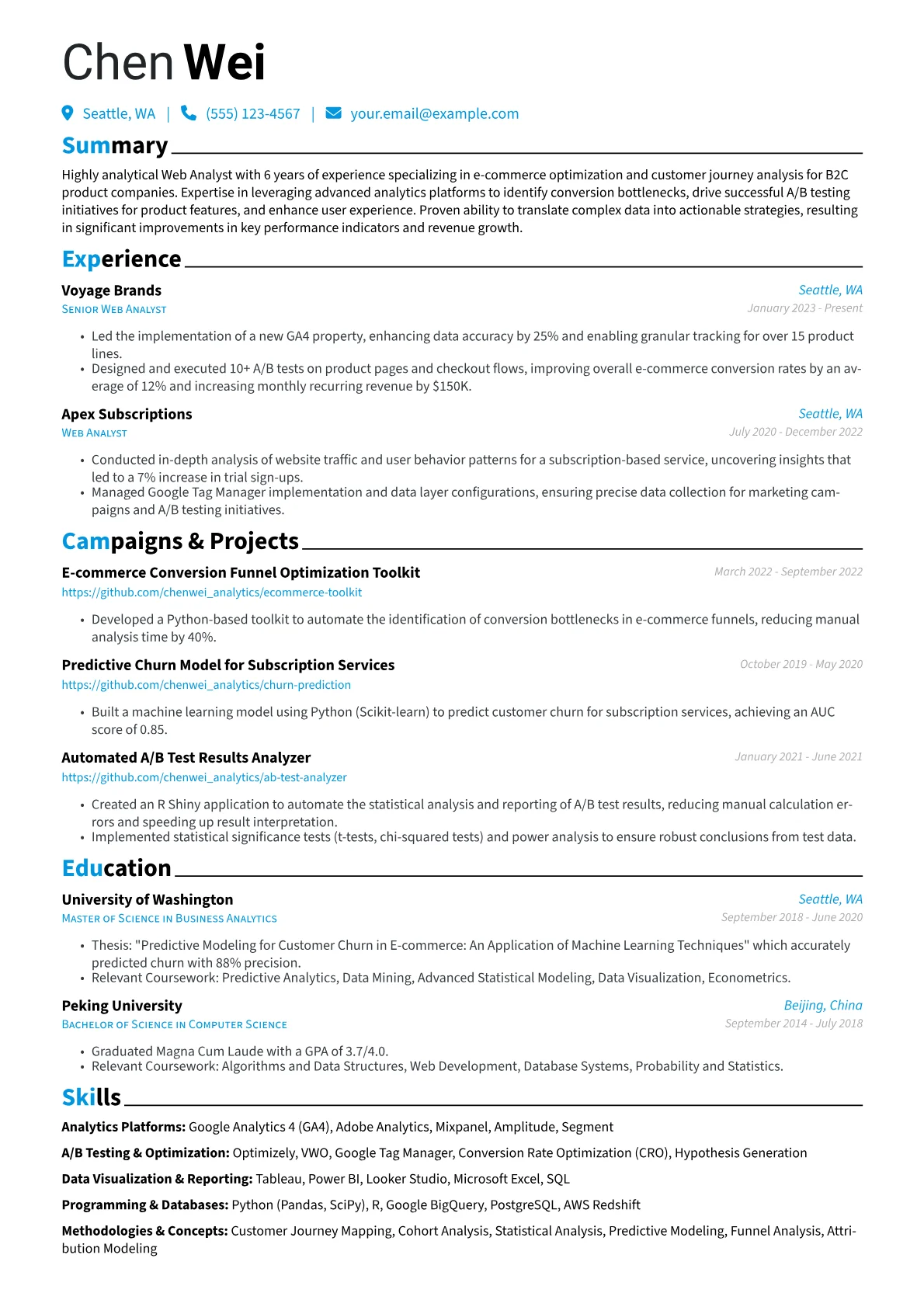 Web Analyst resume example, Web Analyst - E-commerce, page 1