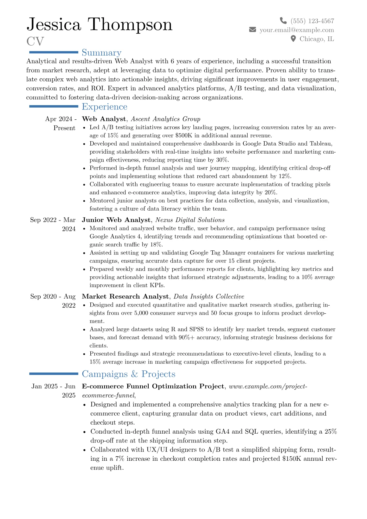 Web Analyst resume example, Career changer, page 1