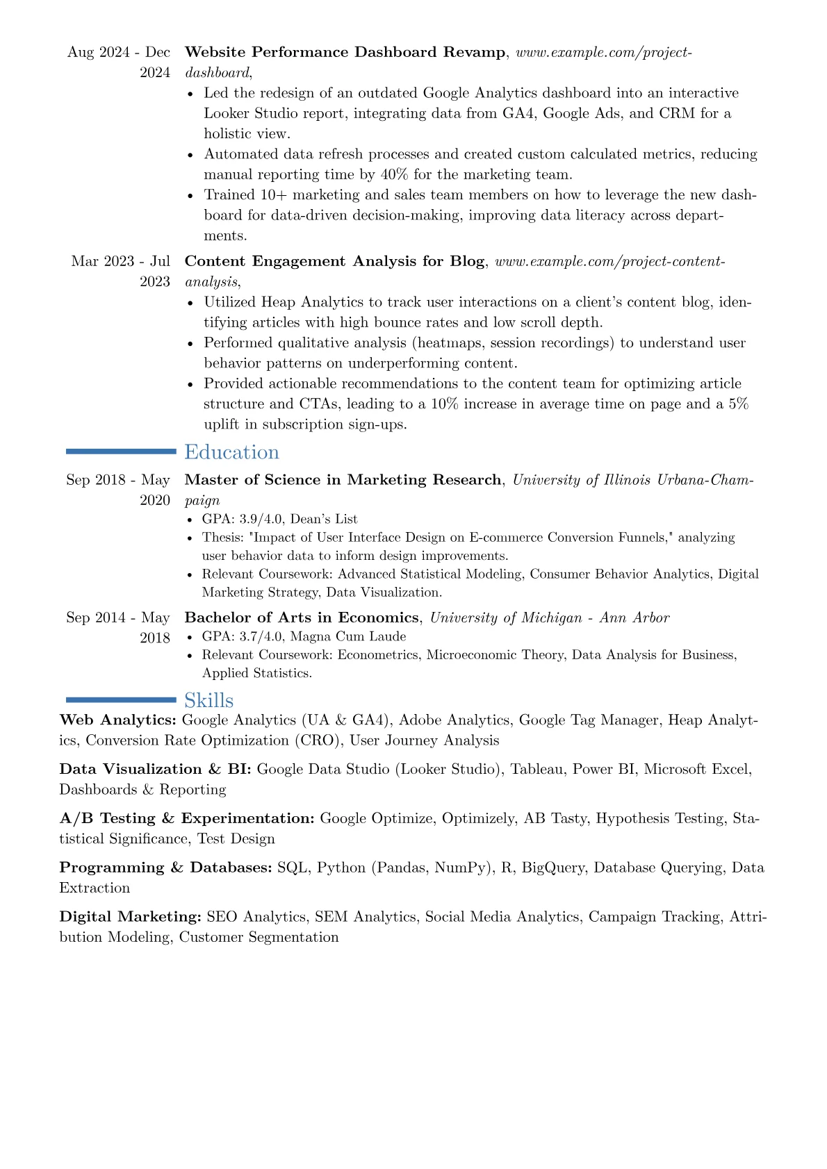 Web Analyst resume example, Career changer, page 2