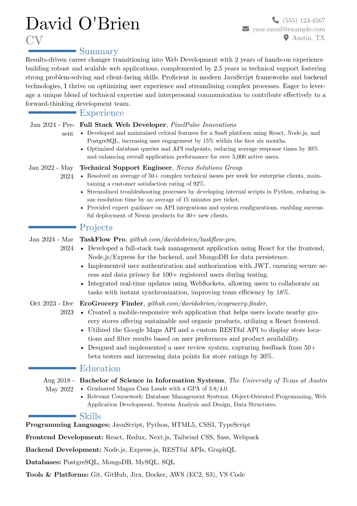 Web Developer With No Experience resume example, Career changer, page 1
