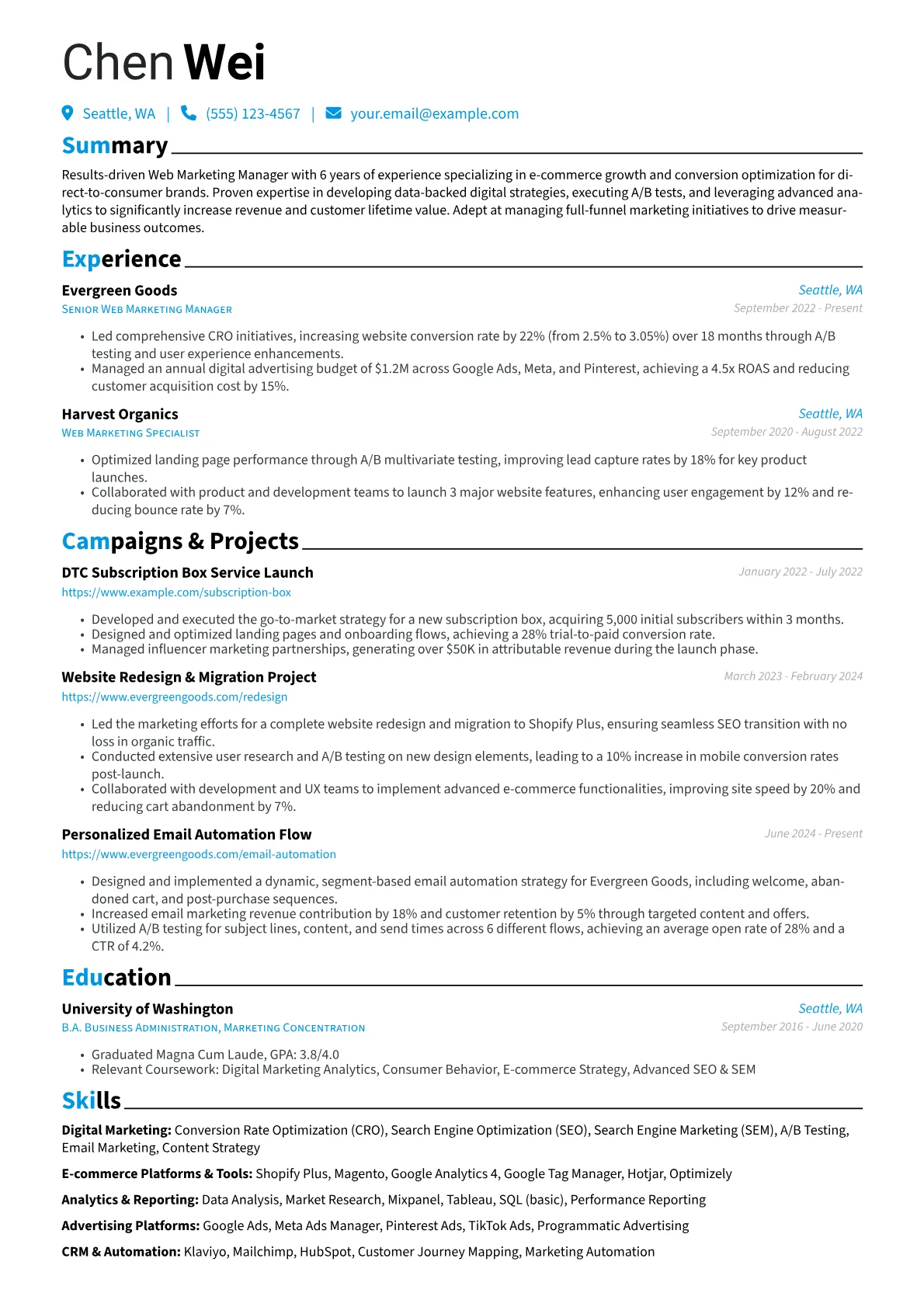 Web Marketing Manager resume example, Digital Marketing, page 1