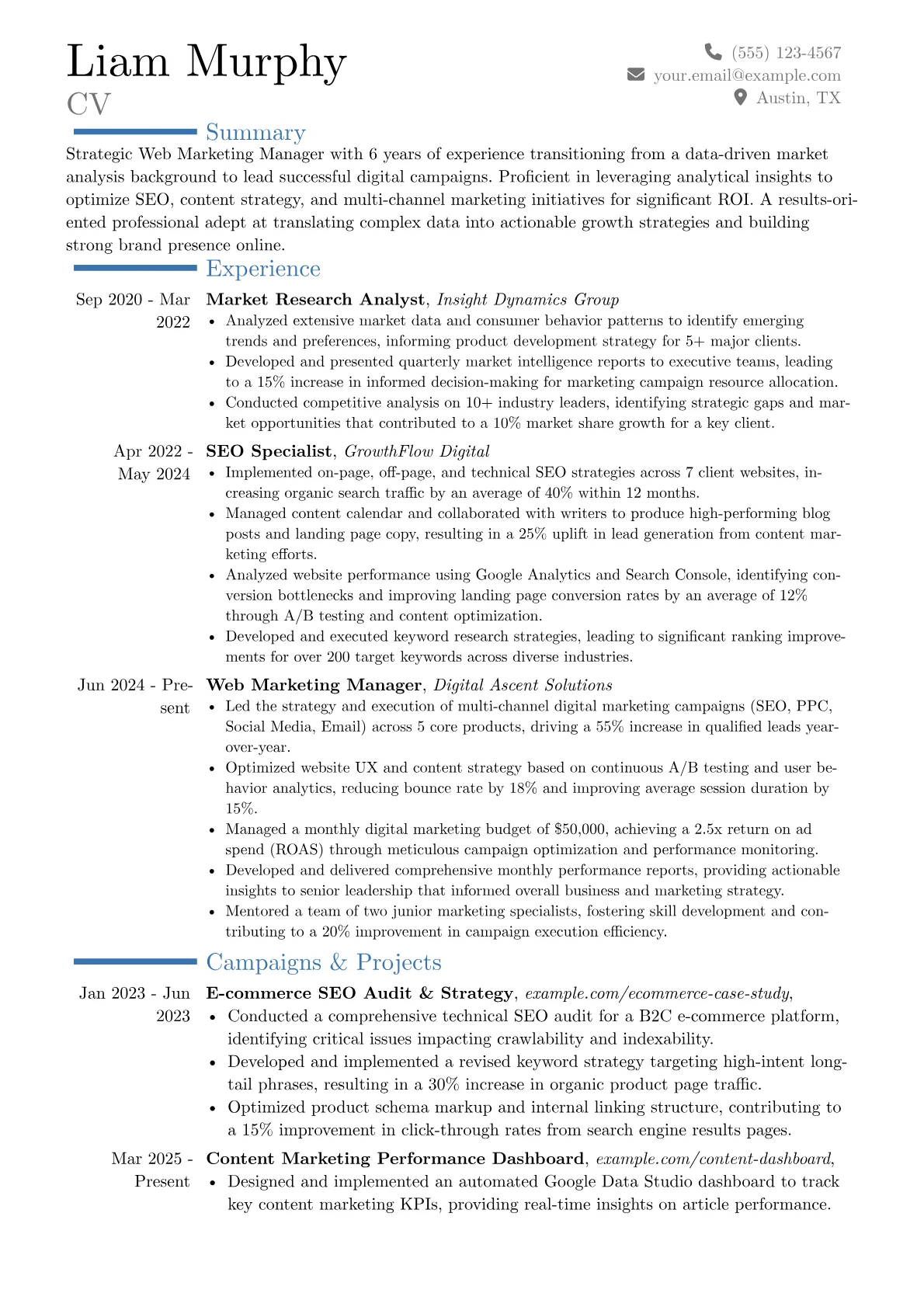 Web Marketing Manager resume example, Career changer, page 1