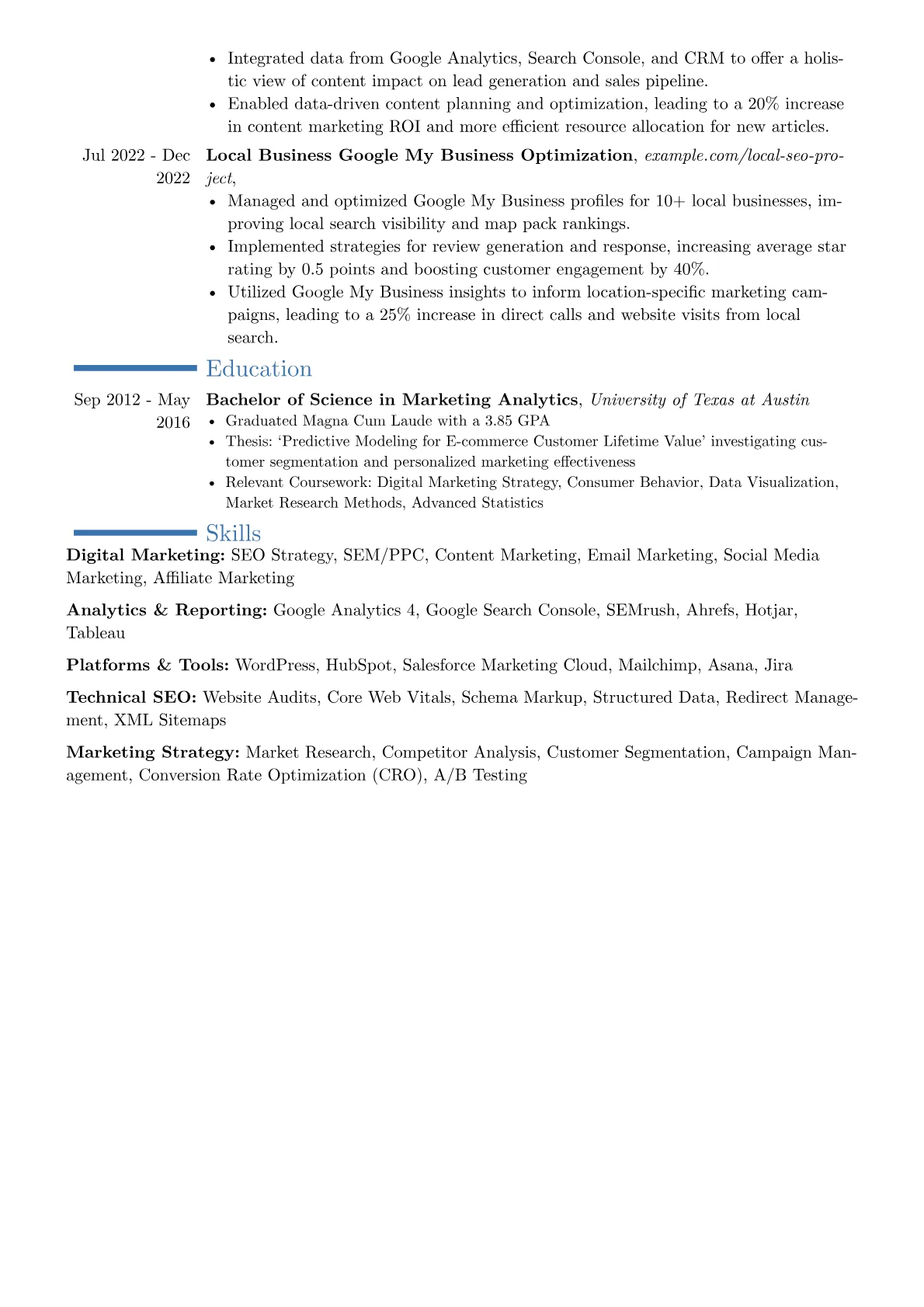 Web Marketing Manager resume example, Career changer, page 2