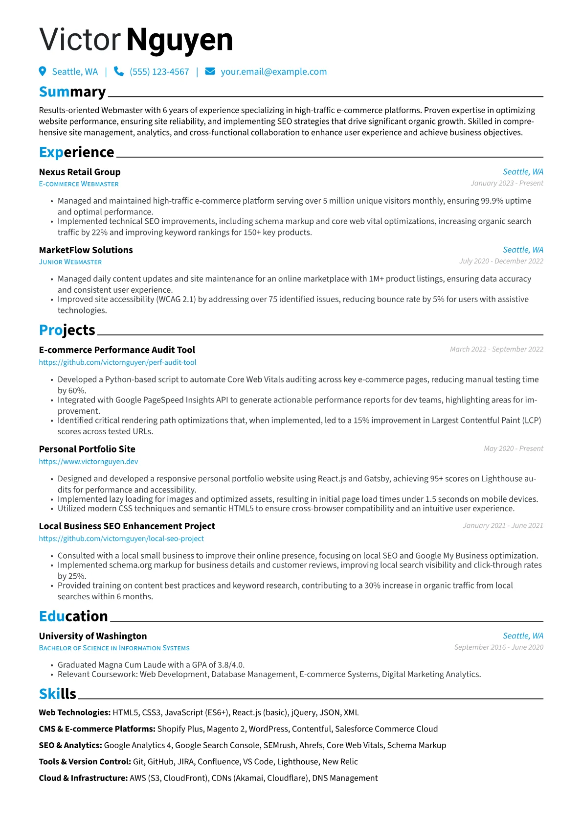Webmaster resume example, eCommerce Specialist, page 1