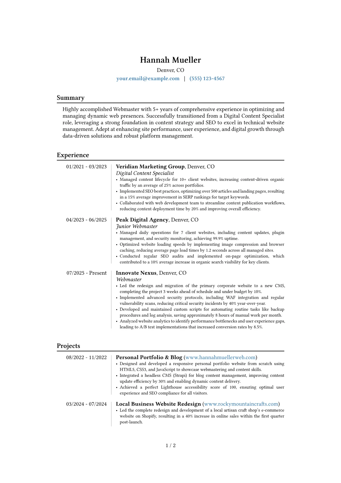 Webmaster resume example, Career changer, page 1