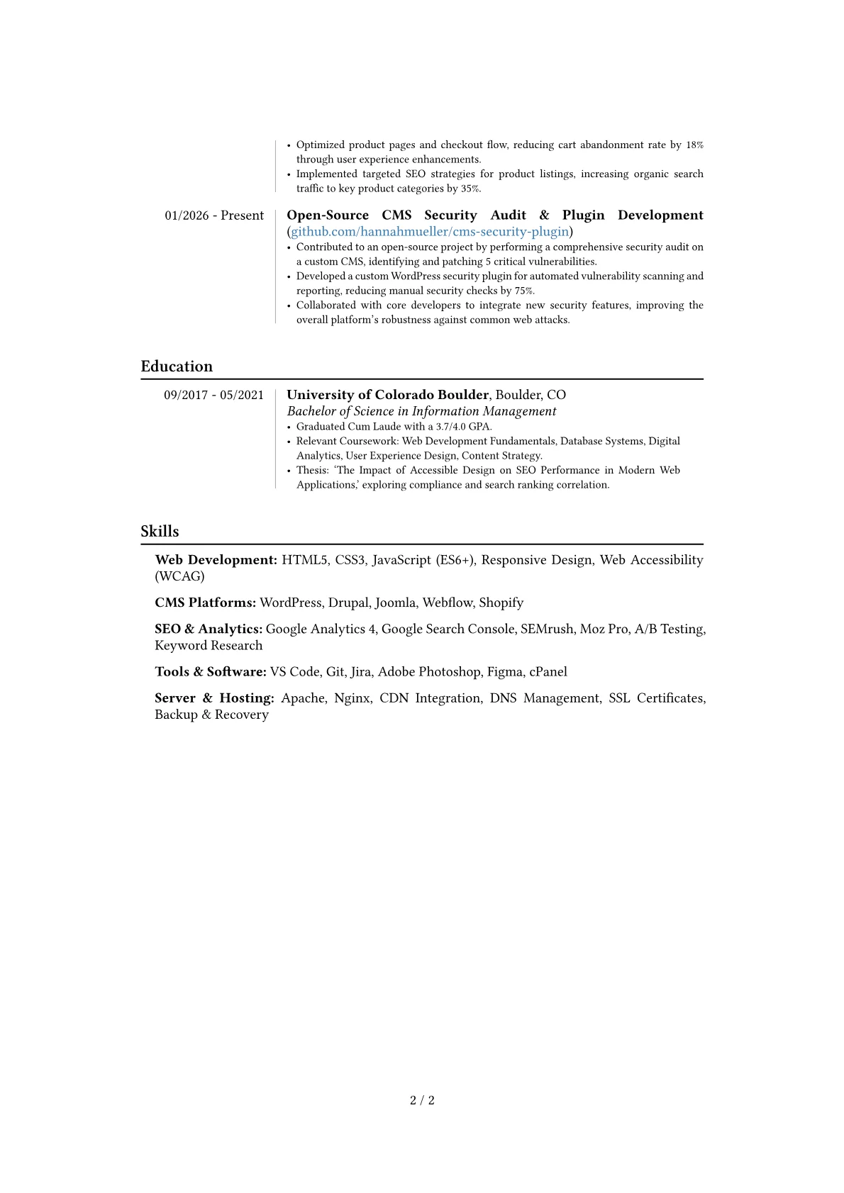 Webmaster resume example, Career changer, page 2