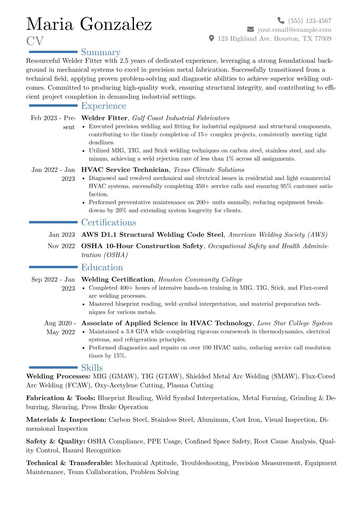 Welder Fitter resume example, Career changer, page 1