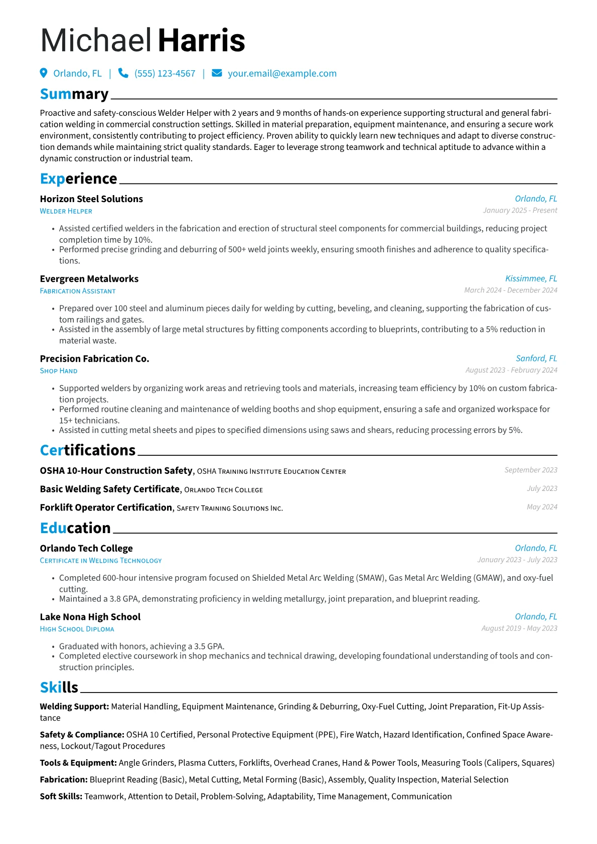 Welder Helper resume example, Welder Helper - Commercial, page 1