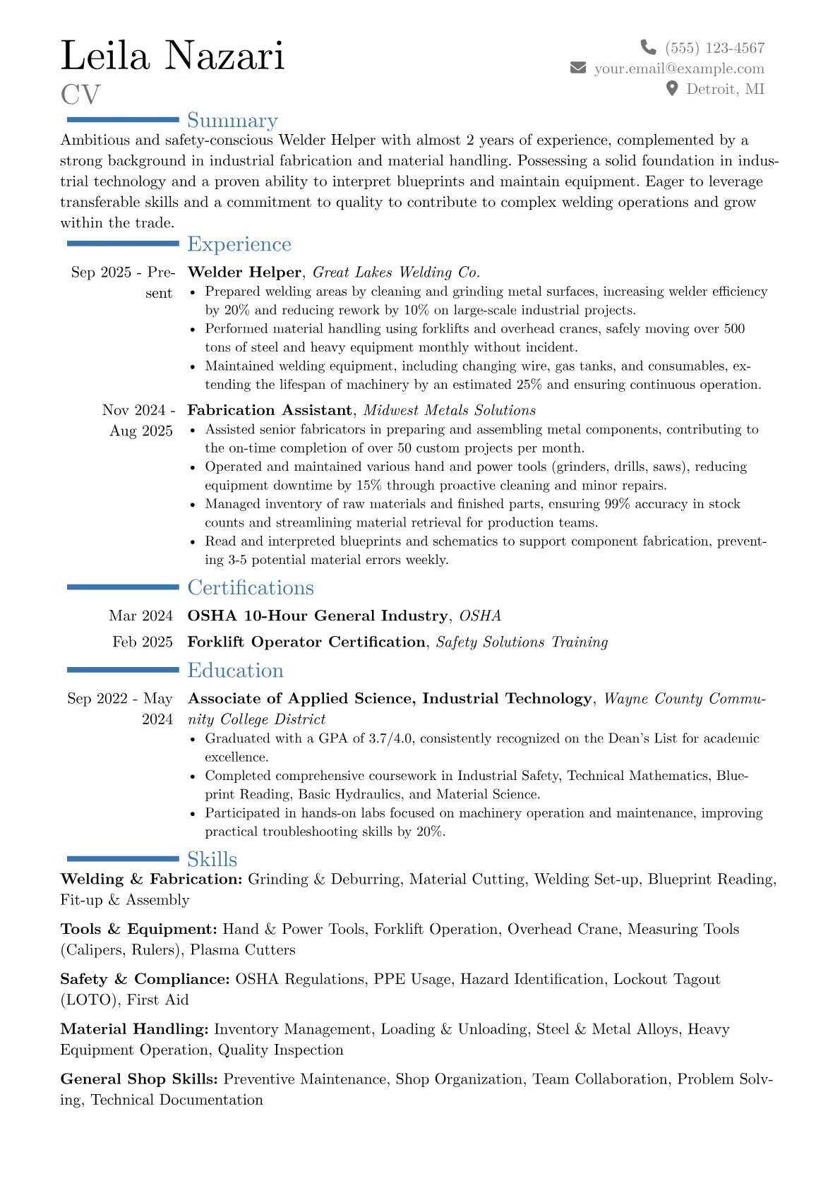 Welder Helper resume example, Career changer, page 1