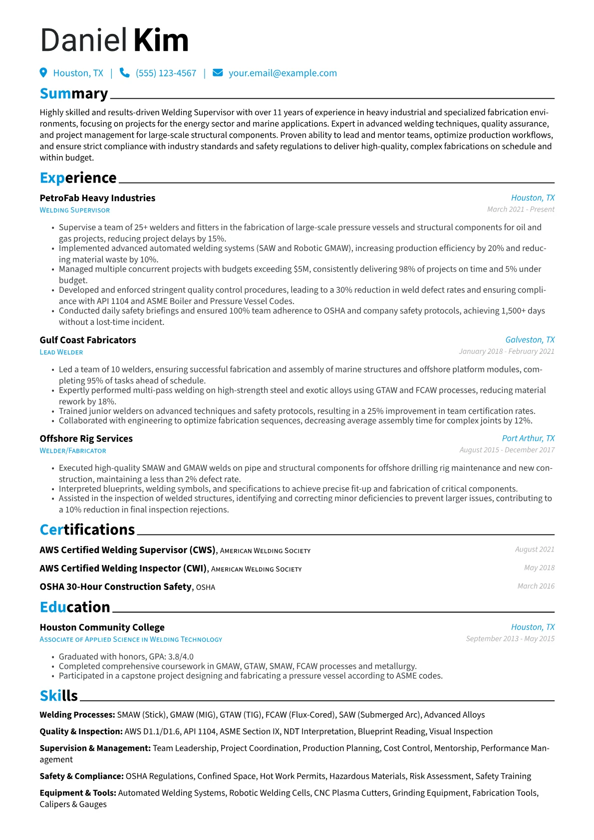 Welding Supervisor resume example, Welding Processes, page 1