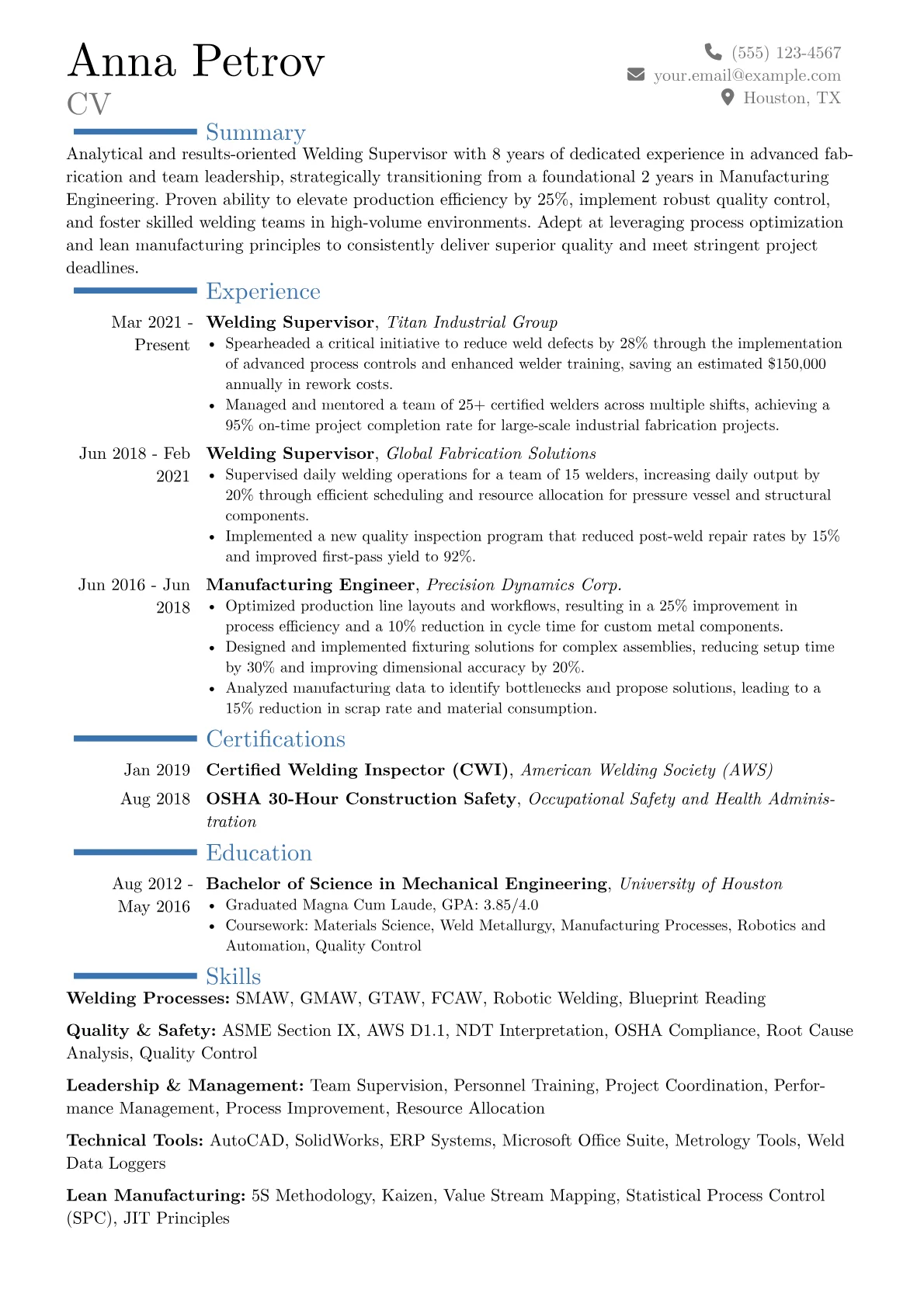 Welding Supervisor resume example, Career changer, page 1