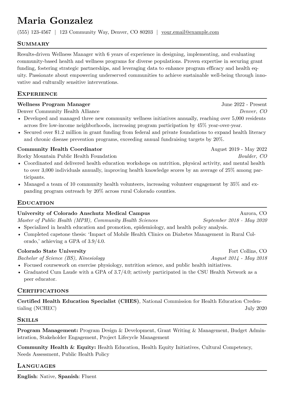 Wellness Manager resume example, Community Wellness Manager, page 1