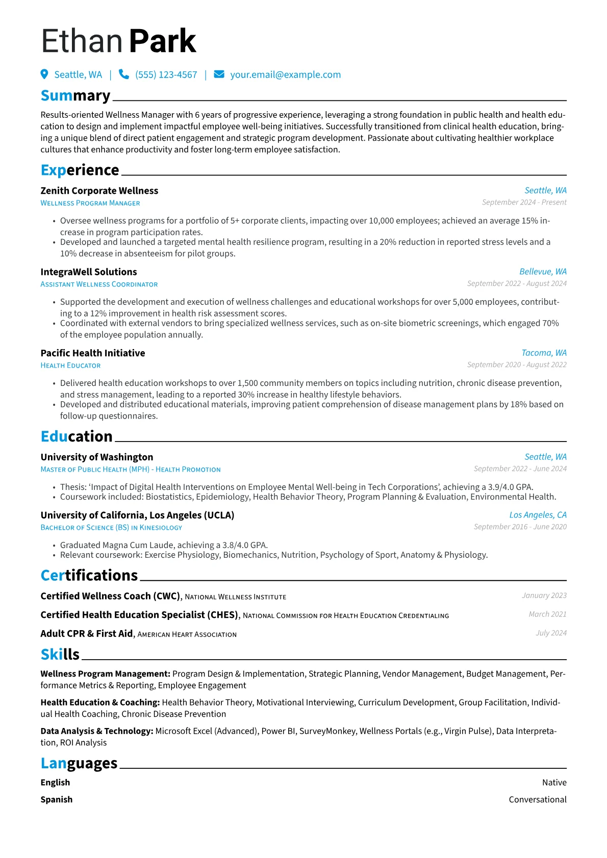 Wellness Manager resume example, Career changer, page 1