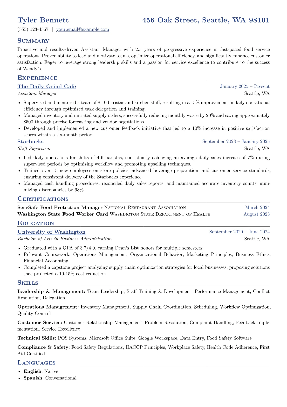 Wendy's resume example, Assistant Manager, page 1