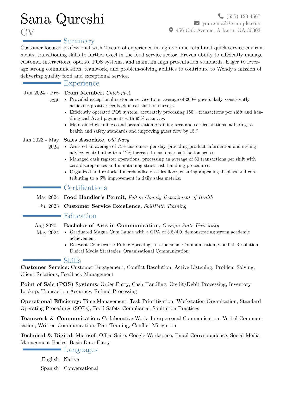 Wendy's resume example, Career changer, page 1