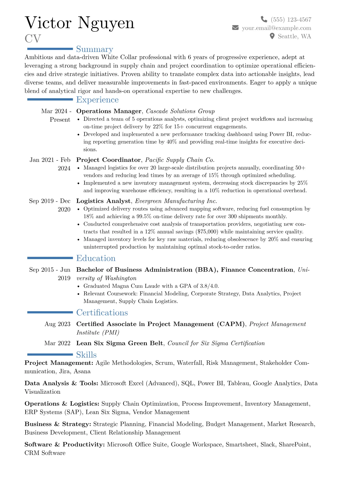 White Collar resume example, Career changer, page 1