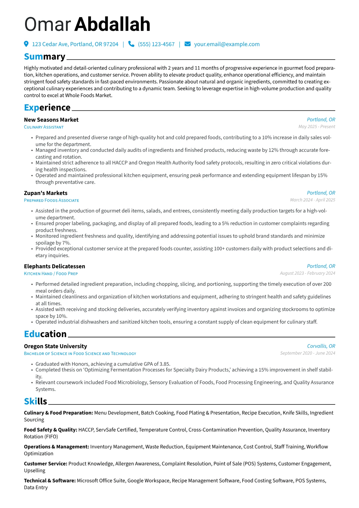 Whole Foods resume example, Prepared Foods Specialist, page 1