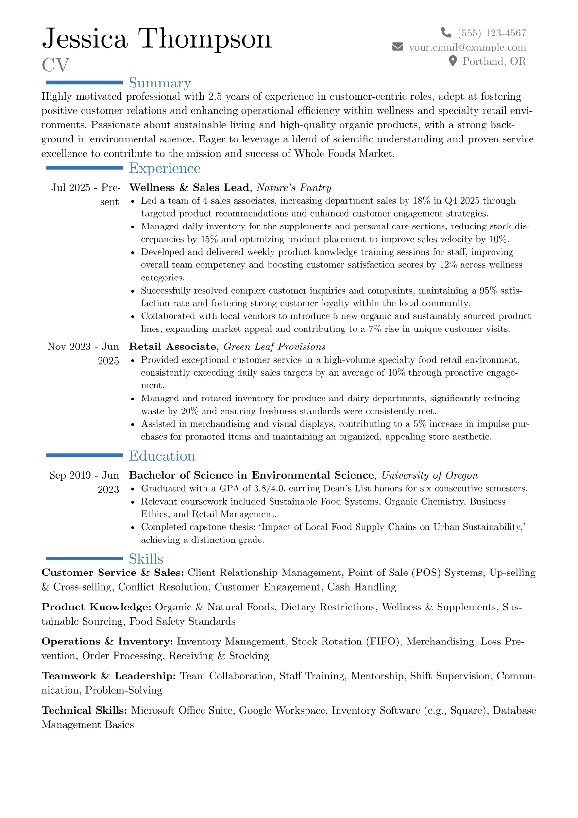 Whole Foods resume example, Career changer, page 1