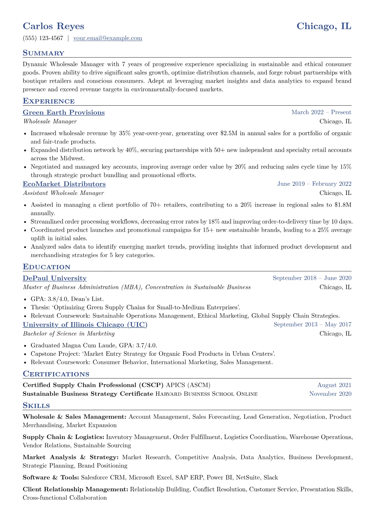 Wholesale Manager resume example, Wholesale Manager, page 1
