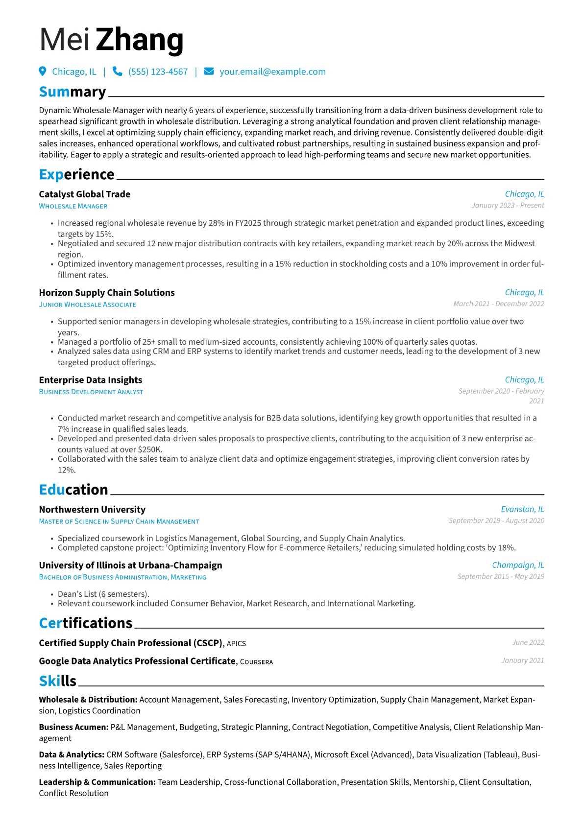 Wholesale Manager resume example, Career changer, page 1