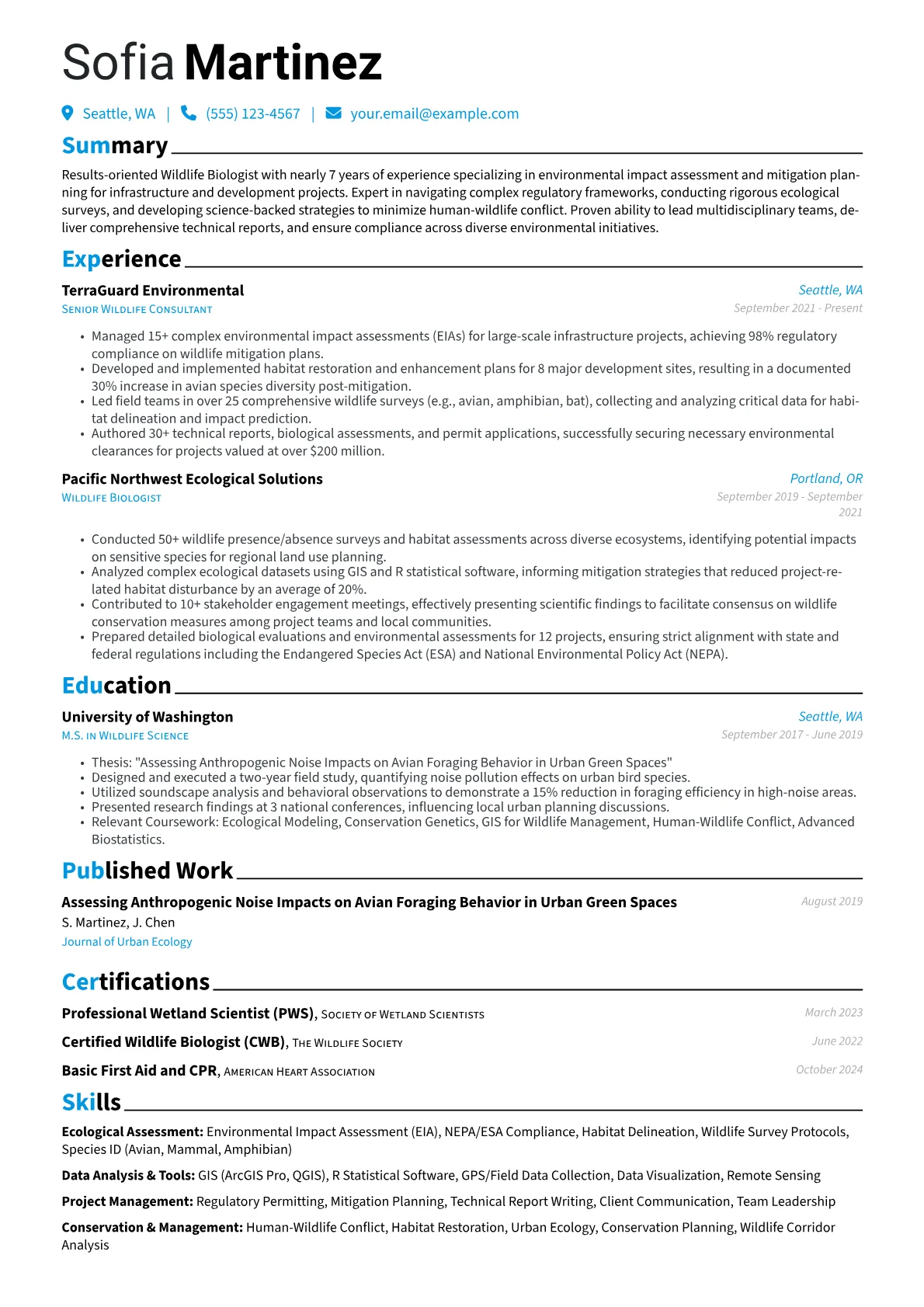 Wildlife Biologist resume example, Environmental Consulting, page 1