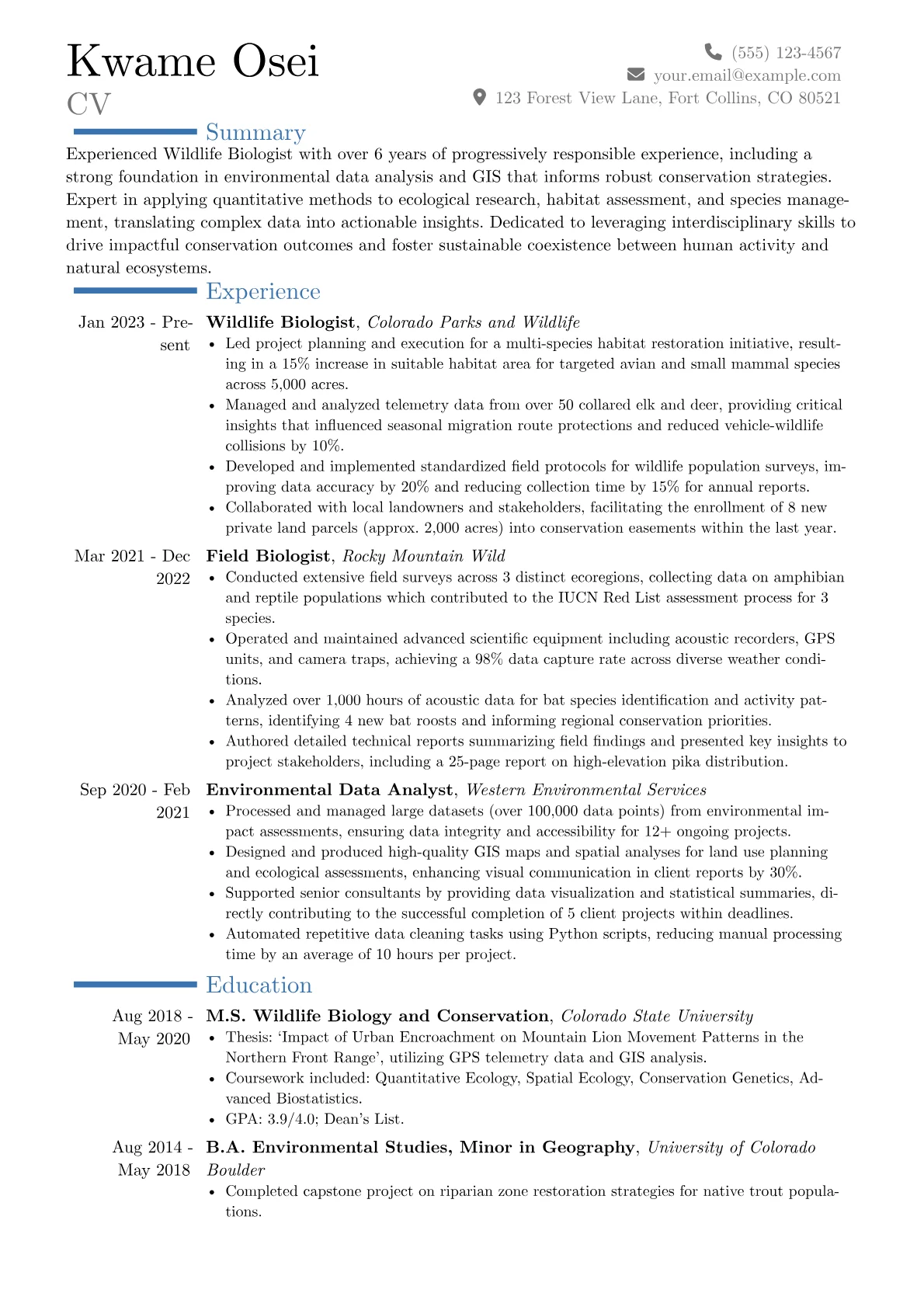 Wildlife Biologist resume example, Career changer, page 1