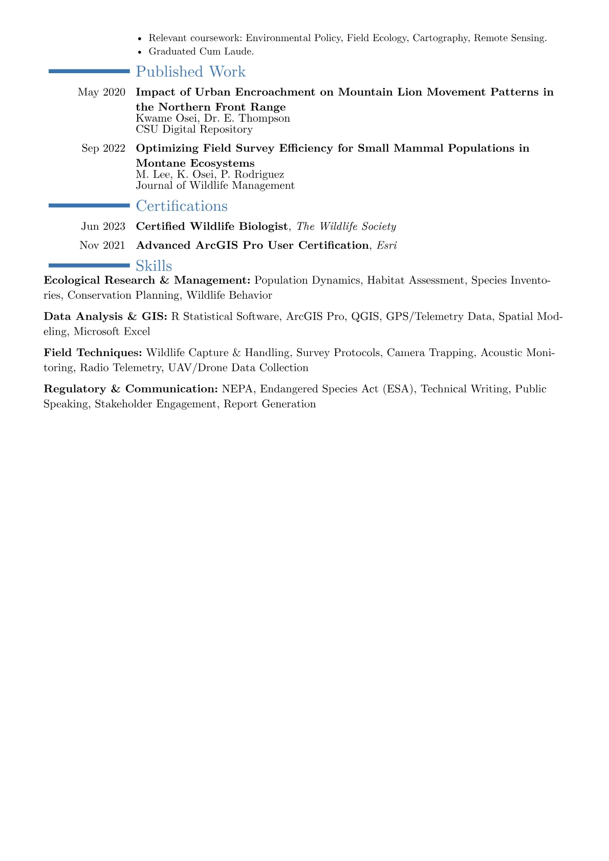 Wildlife Biologist resume example, Career changer, page 2