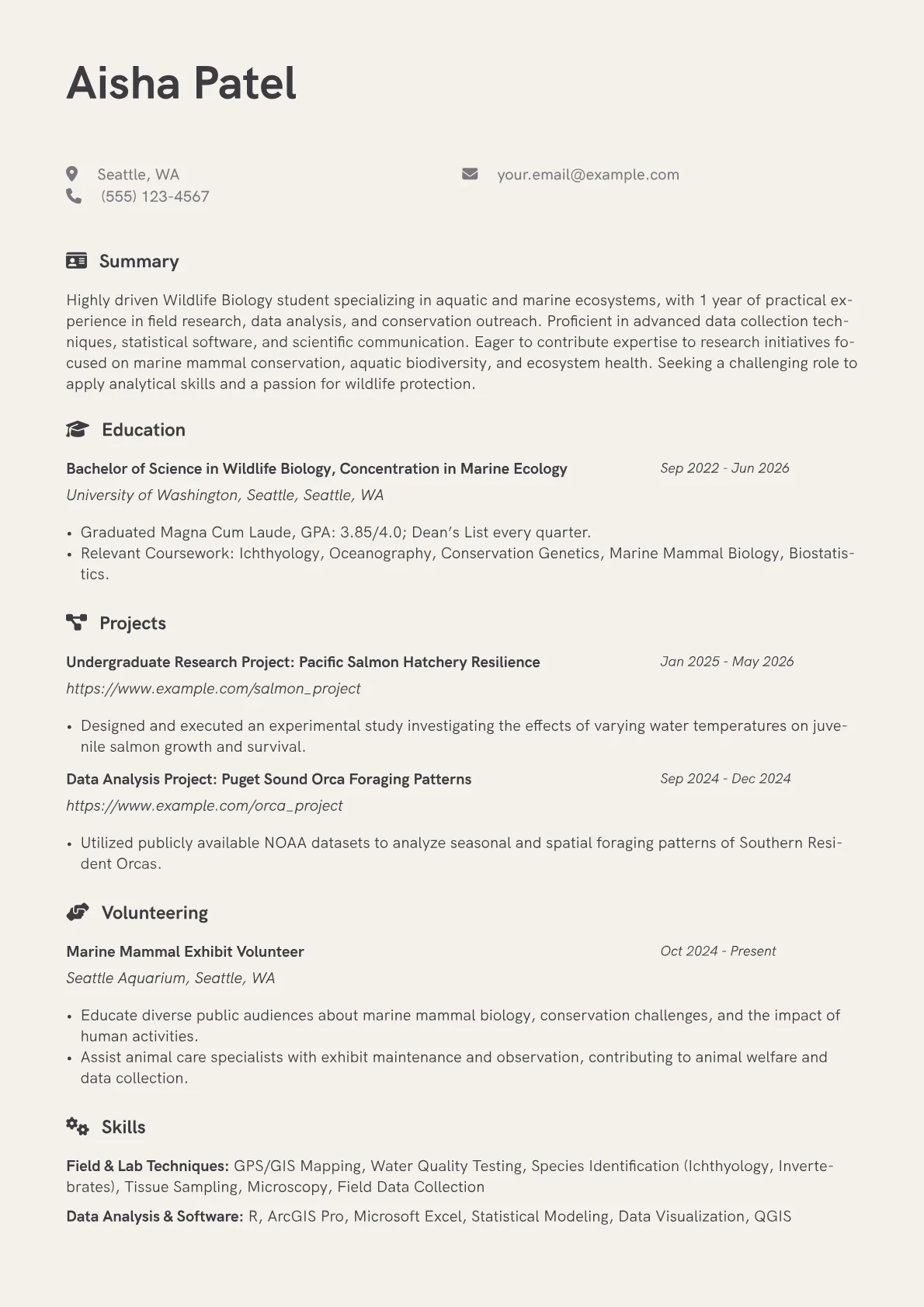 Wildlife Biology Student resume example, Marine Ecology Focus, page 1