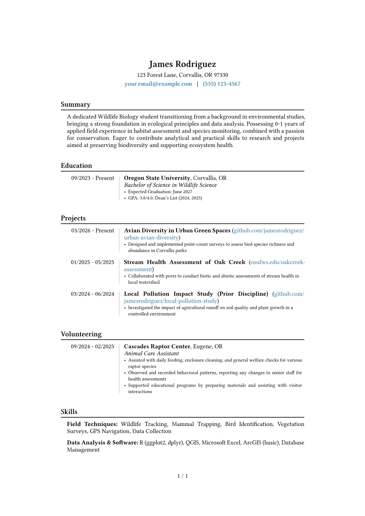 Wildlife Biology Student resume example, Career changer, page 1