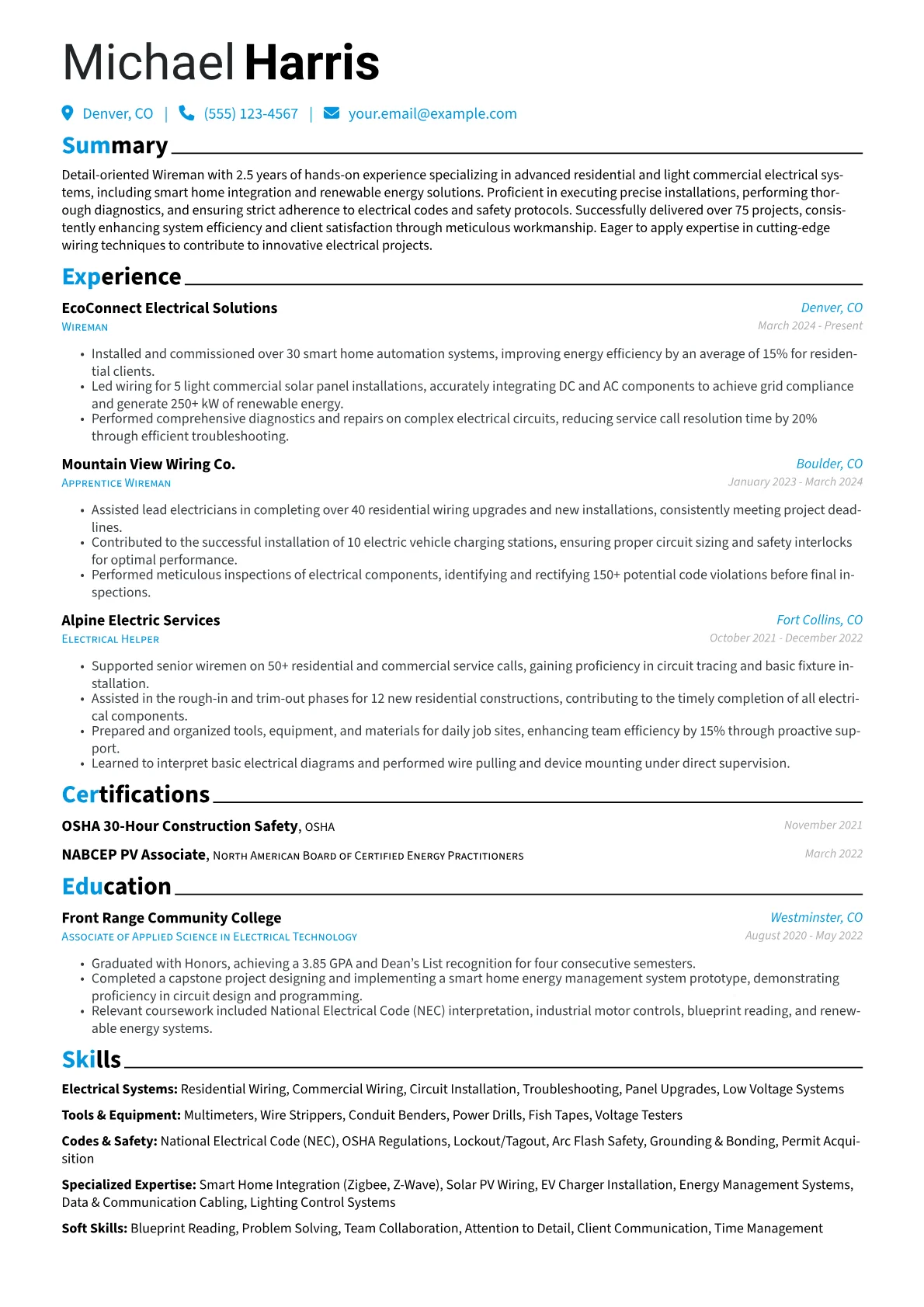 Wireman resume example, Electrical Systems, page 1