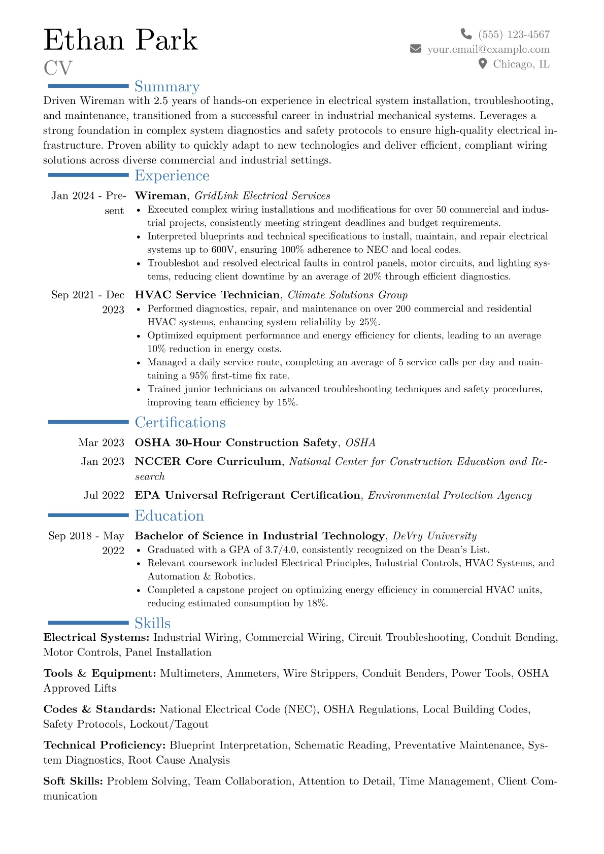 Wireman resume example, Career changer, page 1