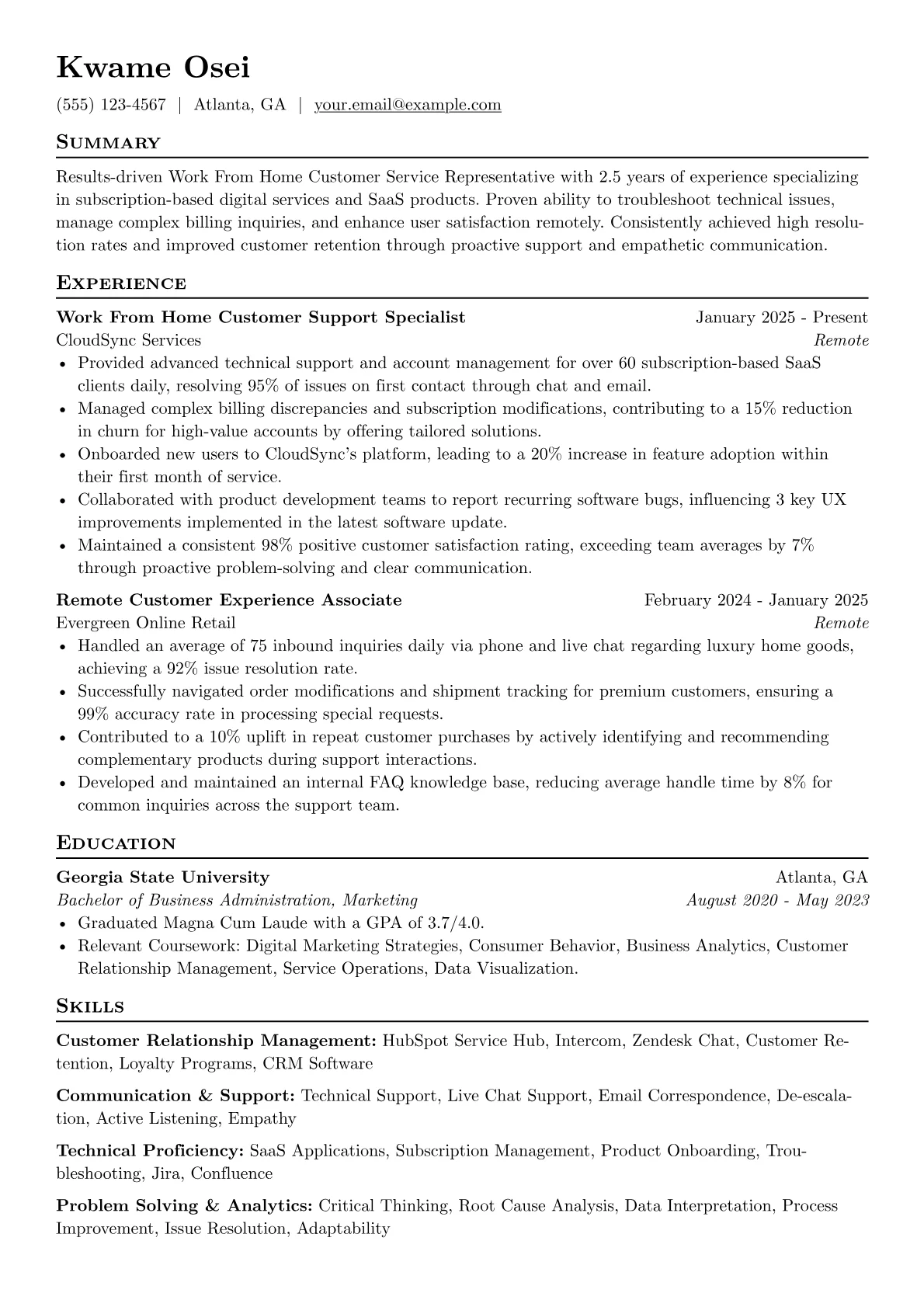 Work From Home Customer Service Representative resume example, Work From Home Customer, page 1