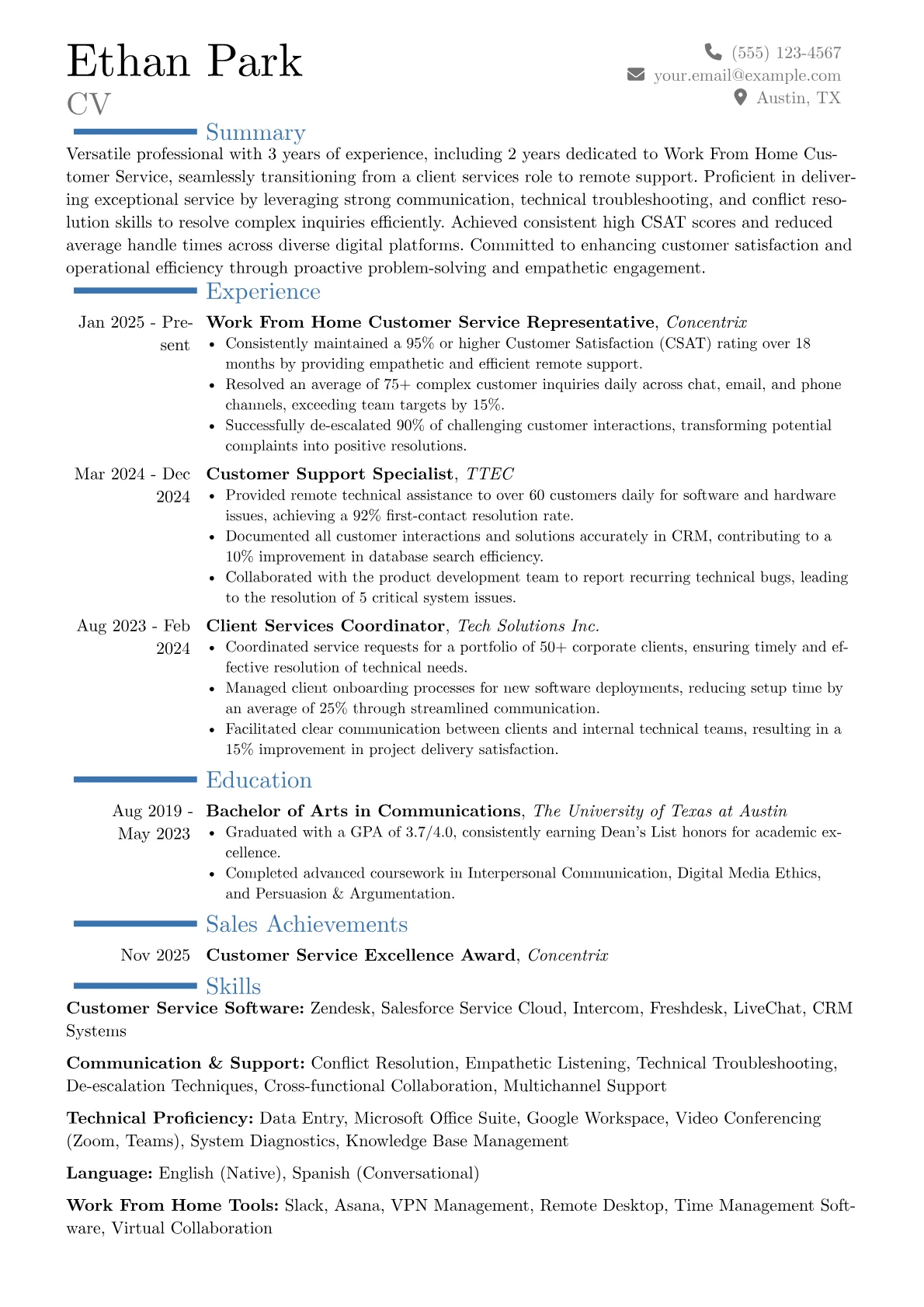 Work From Home Customer Service Representative resume example, Career changer, page 1