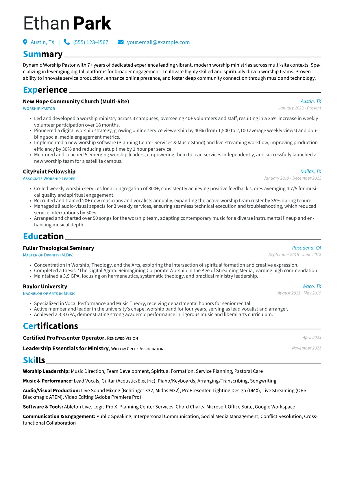 Worship Pastor resume example, Worship Pastor, page 1