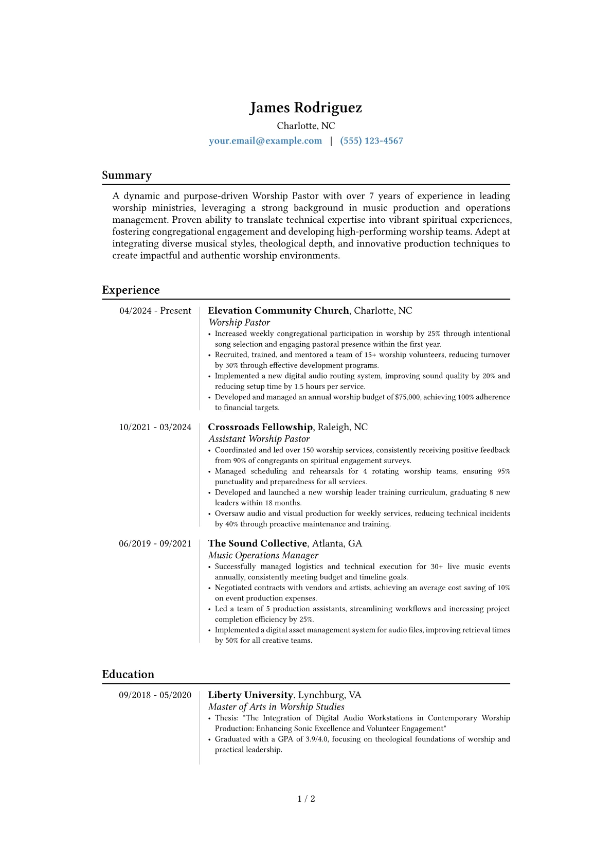 Worship Pastor resume example, Career changer, page 1