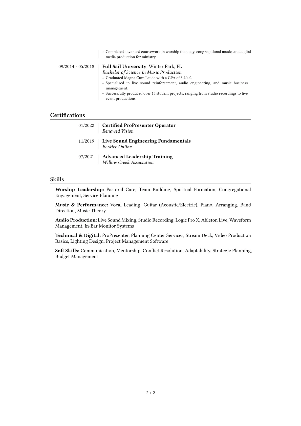 Worship Pastor resume example, Career changer, page 2