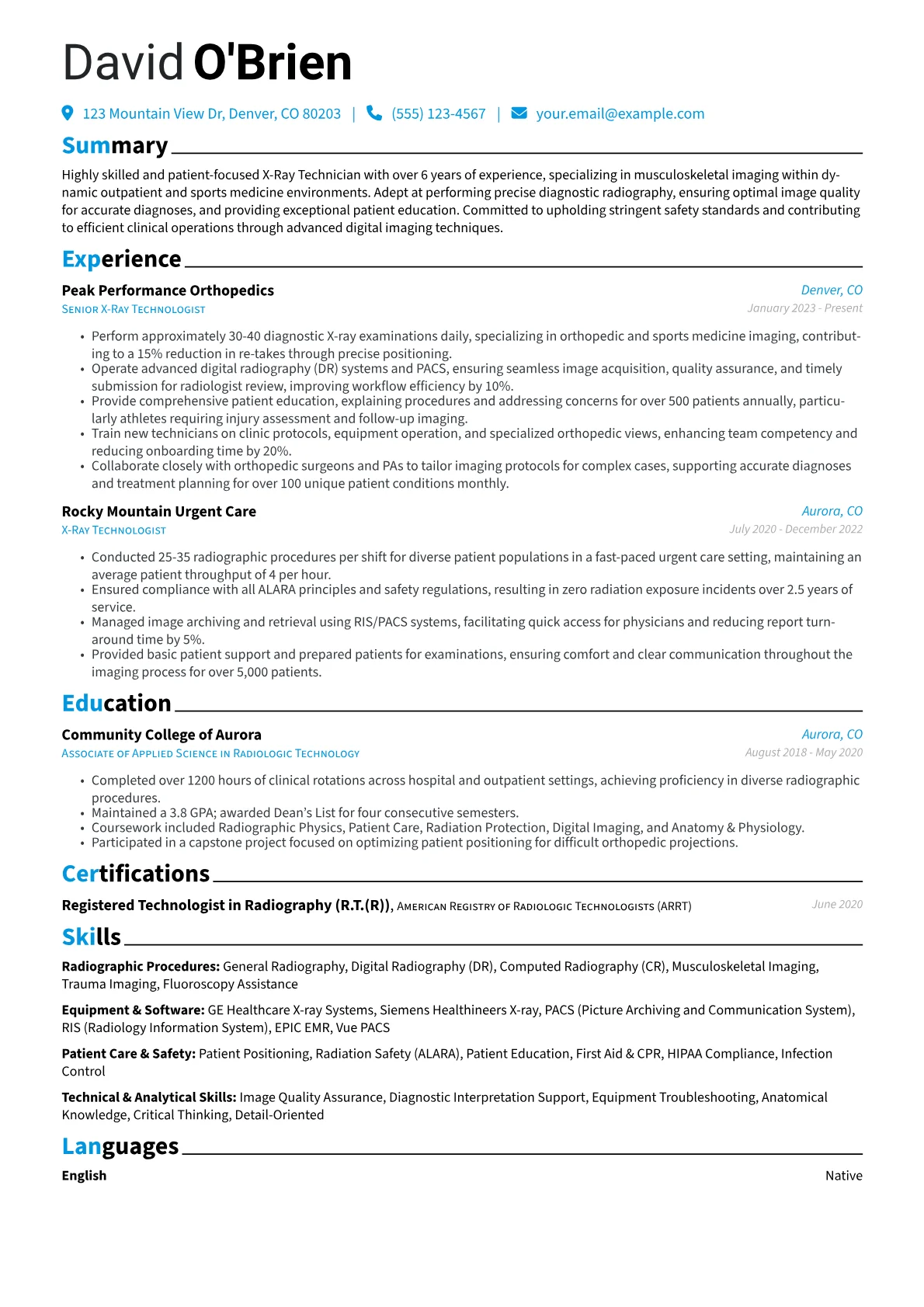 X-Ray Technician resume example, Orthopedic Imaging, page 1