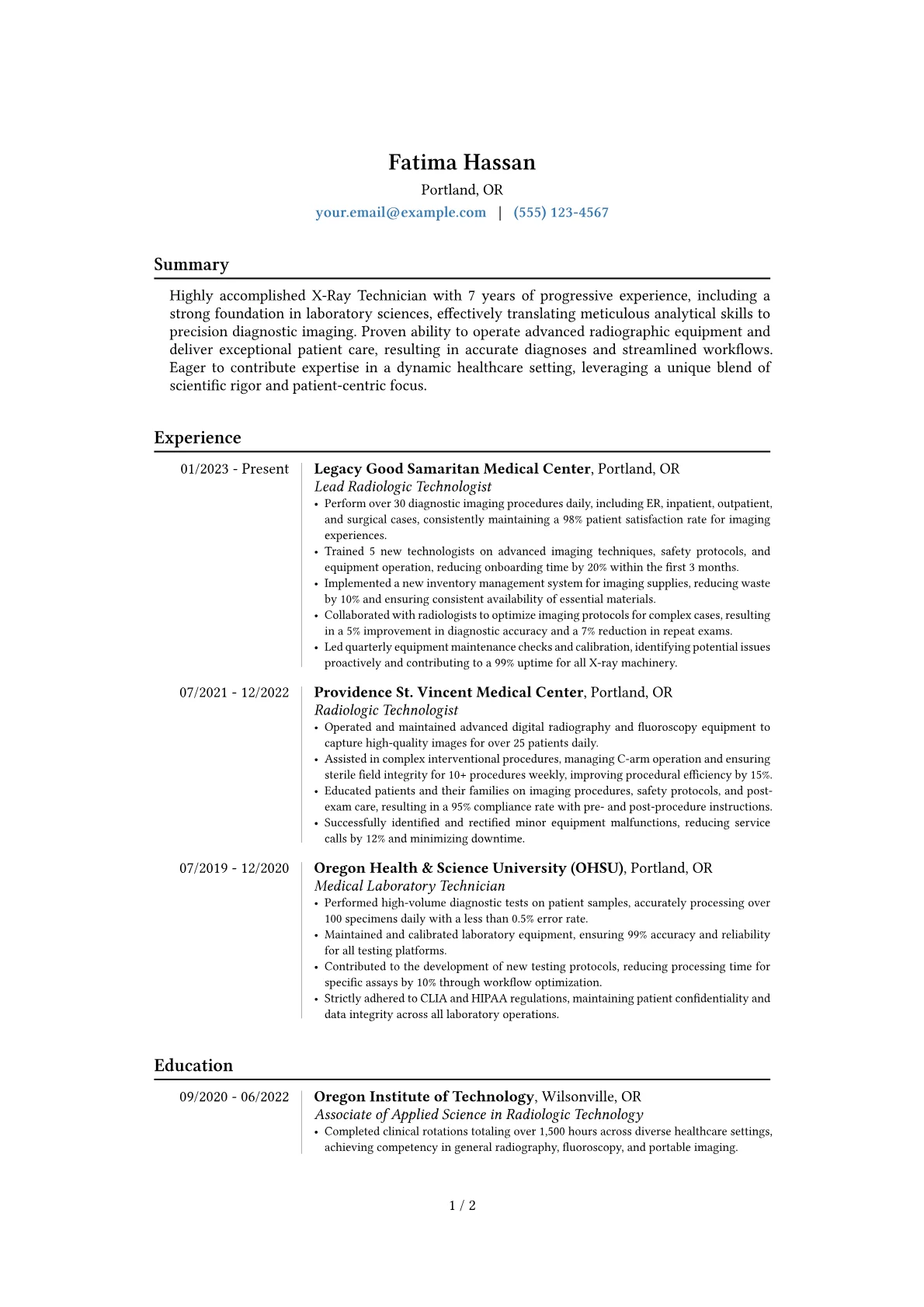 X-Ray Technician resume example, Career changer, page 1