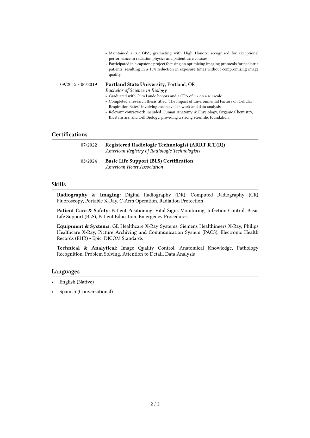 X-Ray Technician resume example, Career changer, page 2