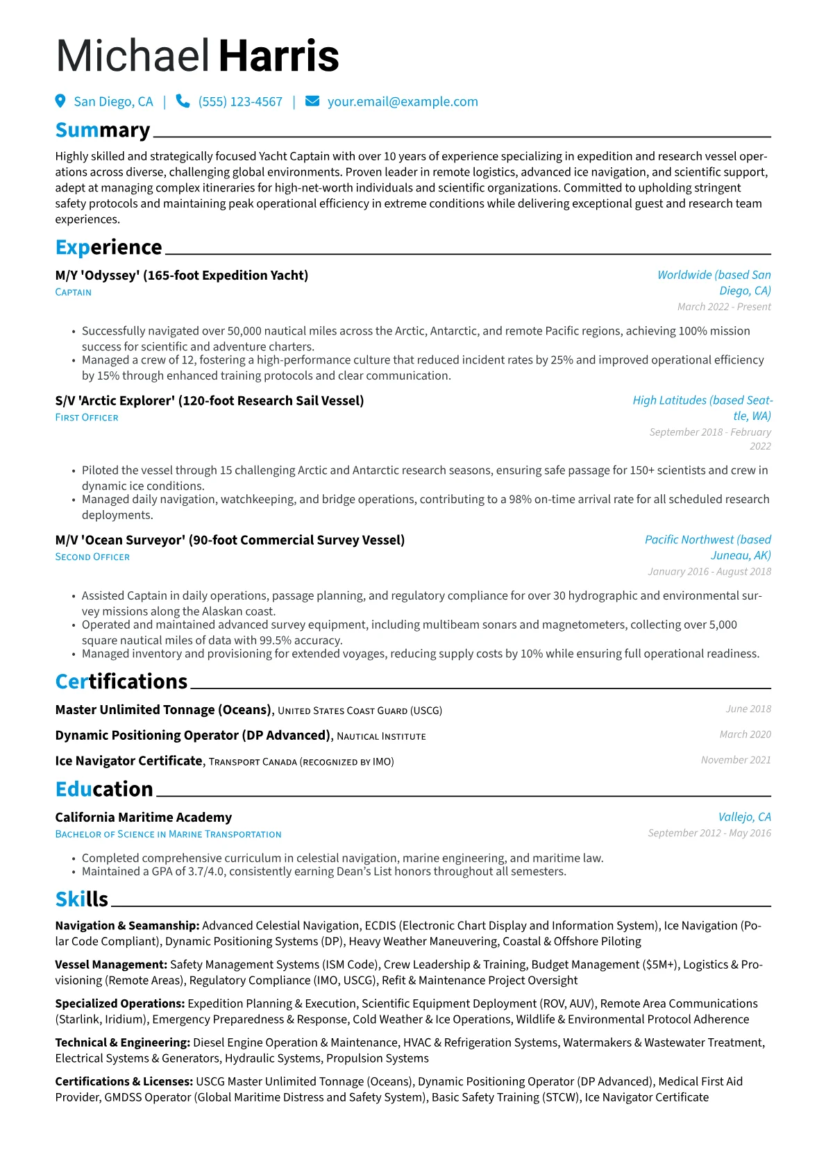 Yacht Captain resume example, Expedition/Research Yacht, page 1