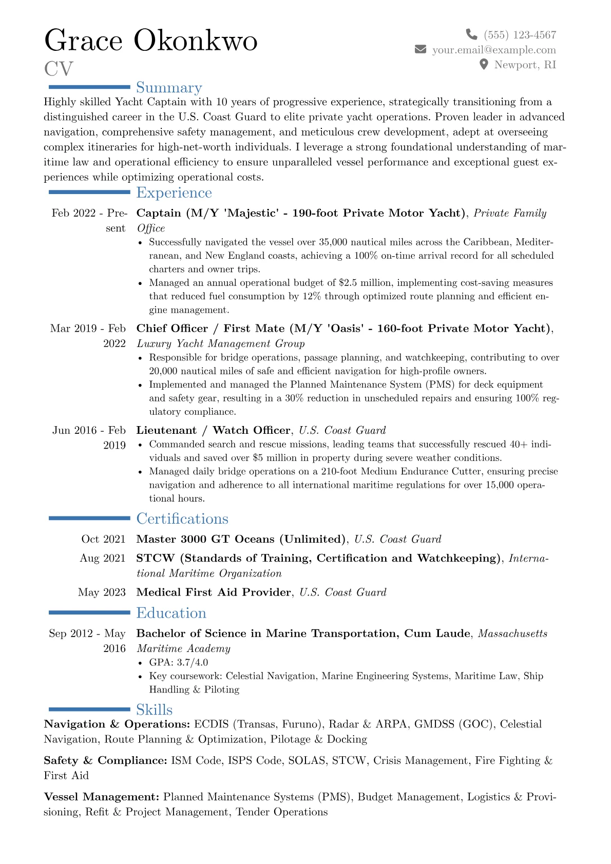 Yacht Captain resume example, Career changer, page 1