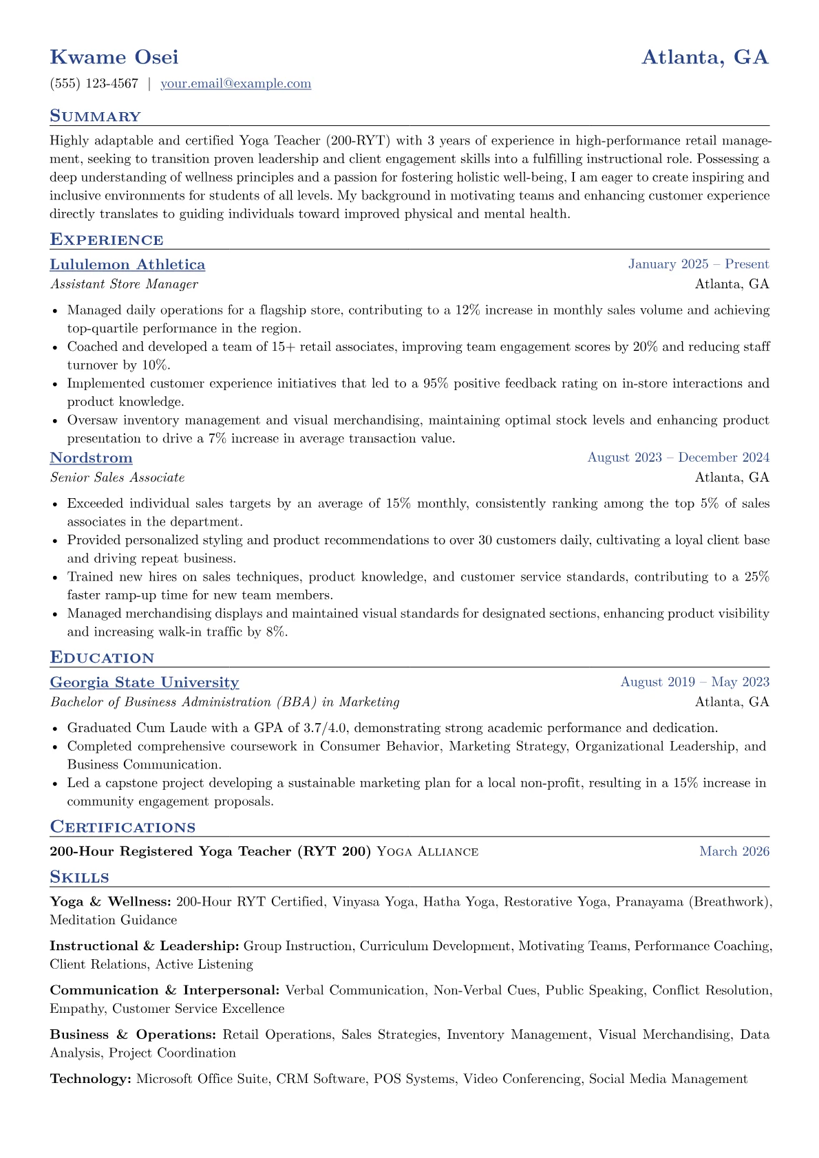 Yoga Teacher No Experience resume example, Yoga Teacher No Experience, page 1
