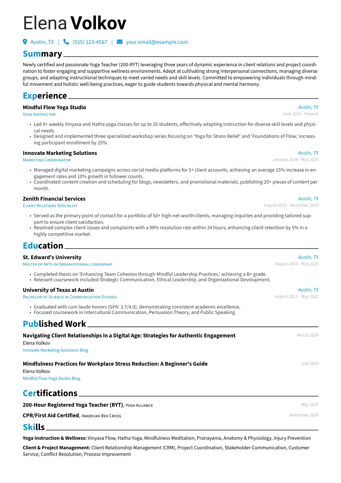 Yoga Teacher No Experience resume example, Career changer, page 1