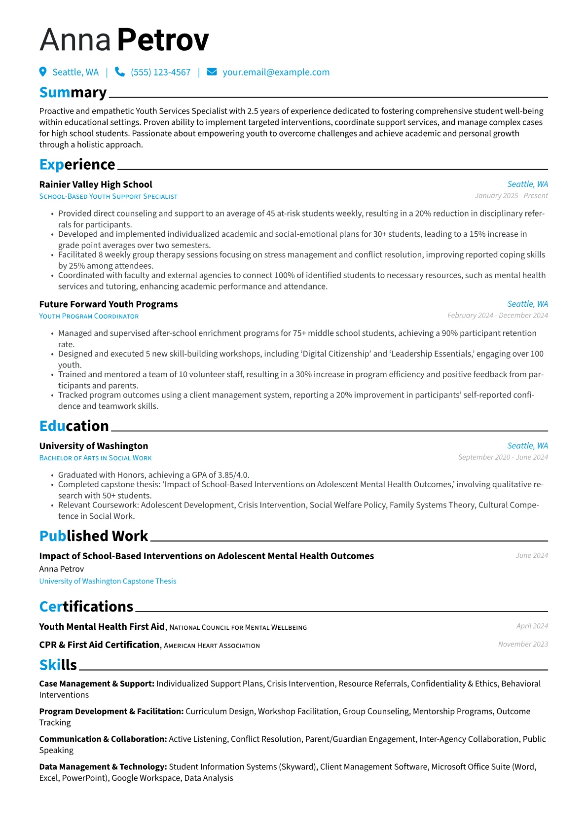 Youth Services Specialist resume example, Youth Services Specialist, page 1
