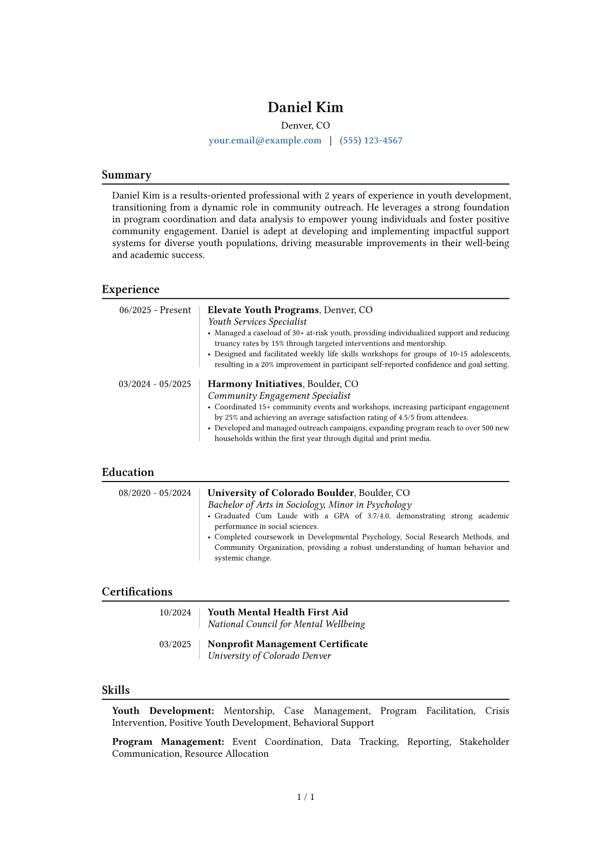 Youth Services Specialist resume example, Career changer, page 1