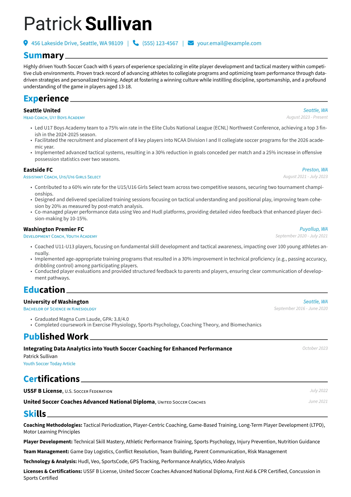 Youth Soccer Coach resume example, Competitive Club Soccer, page 1
